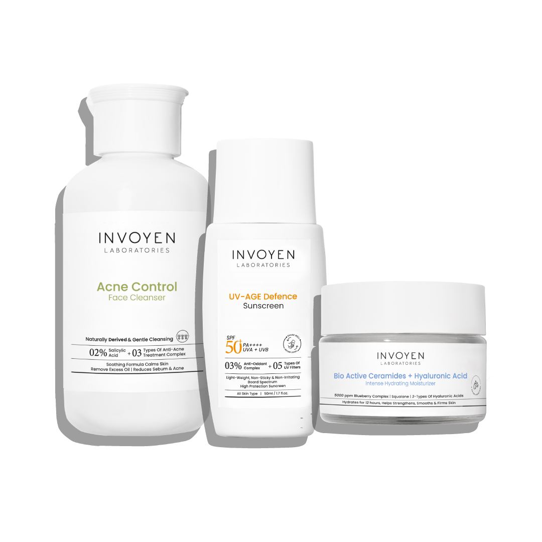 Invoyen Skin Care Starter Combo featuring Acne Control Face Cleanser, Hydrating Moisturizer, and UV Age Defense Sunscreen