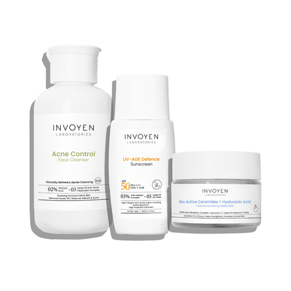 Invoyen Skin Care Starter Combo featuring Acne Control Face Cleanser, Hydrating Moisturizer, and UV Age Defense Sunscreen